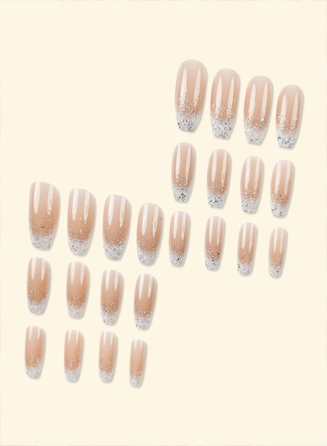 TOGZOM Ombre Press on Nails Short Coffin Nude Acrylic Glitter Glue on Medium Gradation False Glossy Nature Stick on for Women Girls Manicure 24Pcs - Image 4